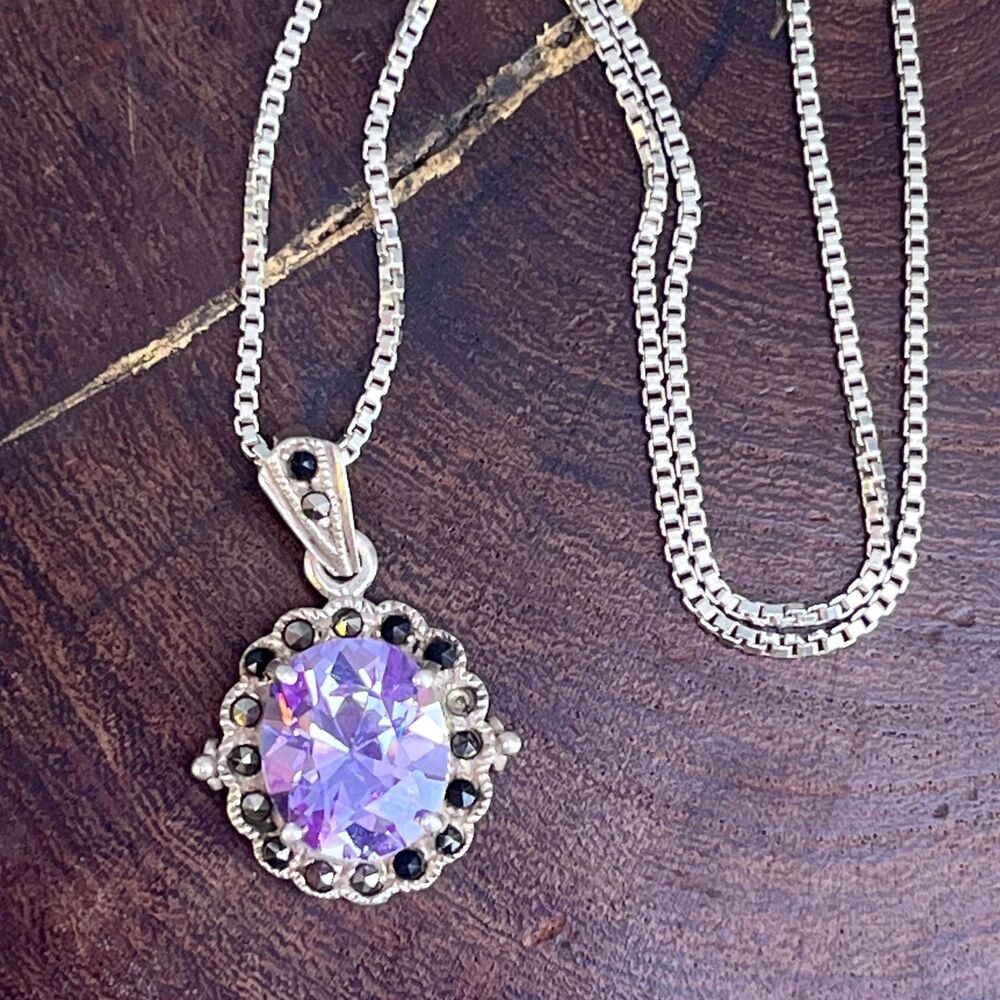 Purple Cubic Zirconia And Marcasite Necklace in sterling silver